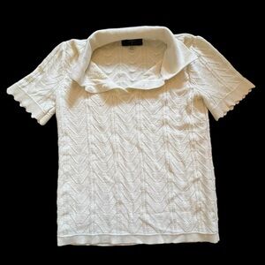 Cream Cable Knit Button Polo with Scalloped Sleeves